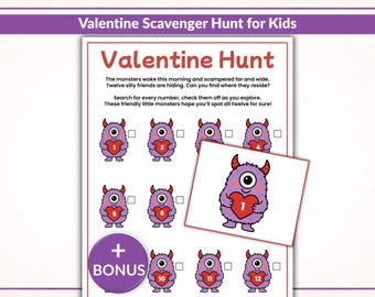 Valentine Scavenger Hunt Game, Printable Kids Valentine's Day Activity, Preschool, Kids Treasure Hunt, Classroom Game, Bonus Coloring Page
