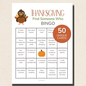 May include: Thanksgiving Bingo game card with a cartoon turkey illustration. The card features a grid with prompts like "Has raked leaves" and "Loves pumpkin pie." A circular graphic states "50 UNIQUE CARDS."