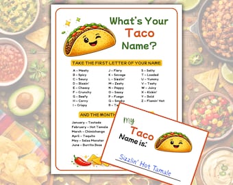 What’s Your Taco Name Game, Printable Cinco de Mayo Game, Name Generator Activity Nametags, Birthday Party Game for Kids, Tweens, Adults