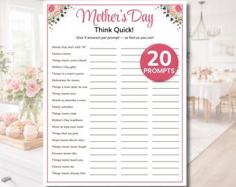 Mother's Day Think Quick Game, Printable Mother's Day Games, Mothers Day Trivia, Ice Breaker Games, Family Reunion Games, Women's Fellowship