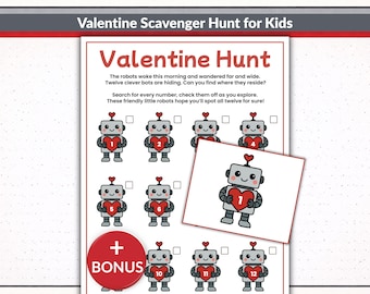 Valentine Scavenger Hunt Game, Printable Kids Valentine's Day Activity, Preschool, Kids Treasure Hunt, Classroom Game, Bonus Coloring Page