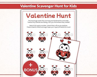 Valentine Scavenger Hunt Game, Printable Kids Valentine's Day Activity, Preschool, Kids Treasure Hunt, Classroom Game, Bonus Coloring Page