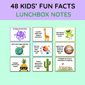 Puede incluir: Un conjunto de 9 notas para loncheras con datos curiosos para niños. Cada tarjeta presenta un hecho diferente con ilustraciones, como un pulpo con tres corazones. El texto superior dice "48 Kids' Fun Facts Lunchbox Notes."