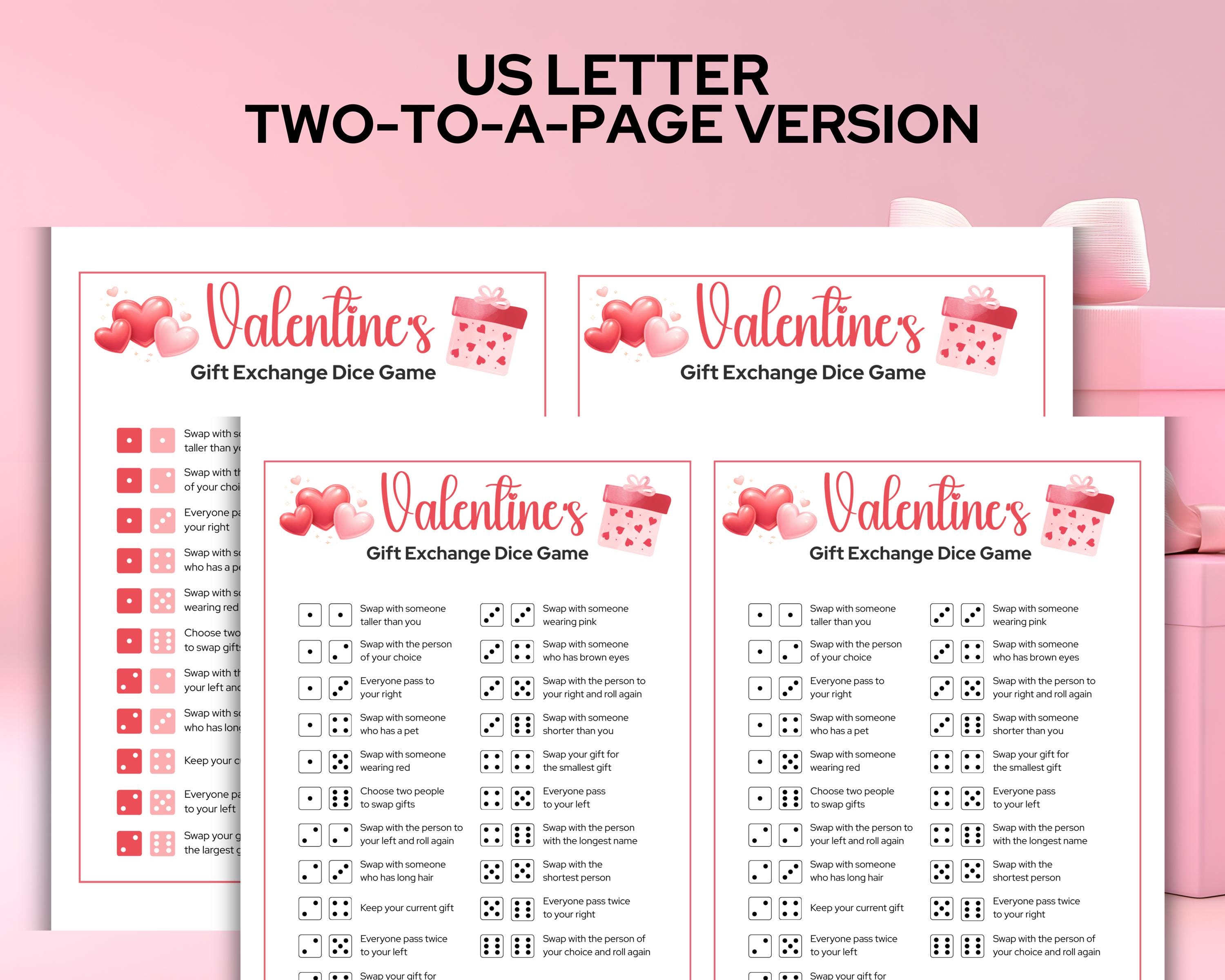 Valentines Gift Exchange Dice Game, Printable Valentine's Day Dice Roll ...