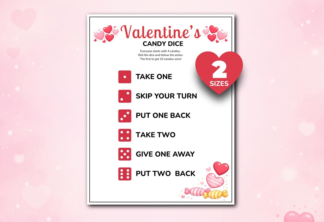 Valentine's Day Candy Dice Game, Printable Candy Exchange Party Game ...