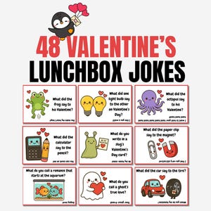 May include: A Valentine's Day-themed image featuring 48 lunchbox jokes. The image includes cartoon illustrations of various objects and animals, each paired with a joke. A penguin with a Valentine's Day message is at the top.