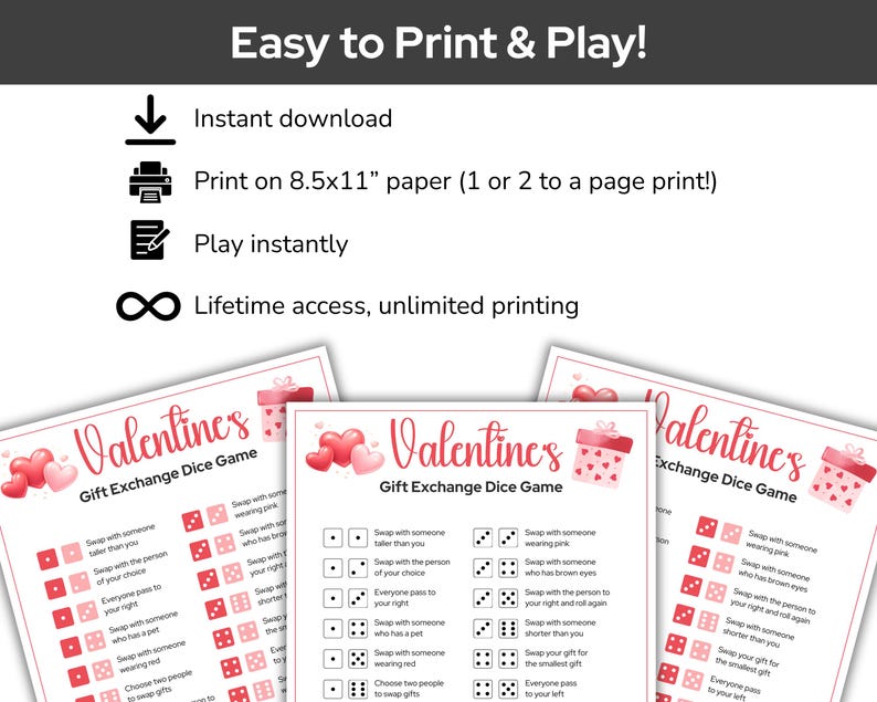 Valentines Gift Exchange Dice Game, Printable Valentine's Day Dice Roll ...