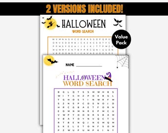 Wyszukiwanie słów na Halloween: dwie łamigłówki do druku, gry w wyszukiwanie słów dla dzieci i dorosłych (do pobrania w wersji cyfrowej)