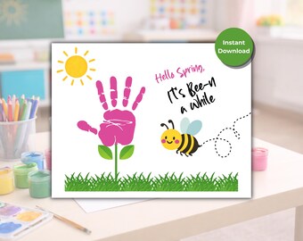 Hello Spring Handprint Craft Printable, Kids Spring Keepsake, Fun Printable Spring Classroom Activity, Preschool or Daycare Handprint Art
