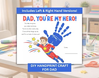 Father's Day Handprint Printable Craft, Superhero Father's Day Poem, Sentimental Gift from Kids, Toddler Coloring Page, 1st Father's Day
