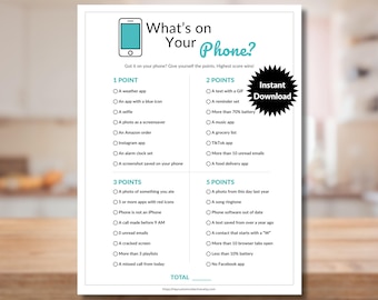 What’s on Your Phone, Printable What's in your Phone Game, Cell Phone Game, Team Building Game for Adults & Teens, Office Party, Shower Game