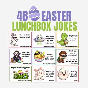Pode incluir: Imagem com 48 piadas de Páscoa para lancheiras. Cada piada está em um pequeno cartão ilustrado com personagens de desenhos animados e trocadilhos. O título "48 EASTER LUNCHBOX JOKES" está no topo com um ovo de Páscoa roxo.