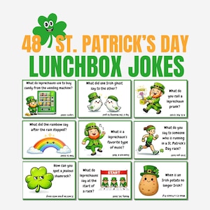 子供向け聖パトリックデーのランチボックスジョーク48選、印刷可能なランチボックスカード、3月のランチボックスノート、面白いなぞなぞと駄洒落PDF、レプラコーンジョーク
