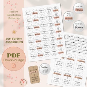 Puede incluir: Una colección de diseños imprimibles para el Día de la Madre, que incluye etiquetas circulares y rectangulares con frases como "Mama" y "For the best Mama". Los diseños son en negro, blanco y melocotón.