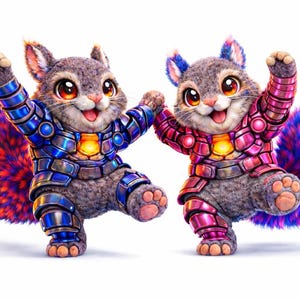 Puede incluir: Dos ardillas de dibujos animados con armadura futurista, una azul y otra rosa. Tienen colas esponjosas con colores vibrantes y sonríen con los brazos levantados. La imagen está sobre un fondo blanco.