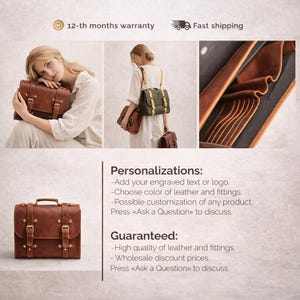 May include: A brown leather satchel with two front buckle straps, a top handle, and adjustable shoulder straps. The interior features multiple card slots and compartments. Text on the image includes Personalizations and Guaranteed details.
