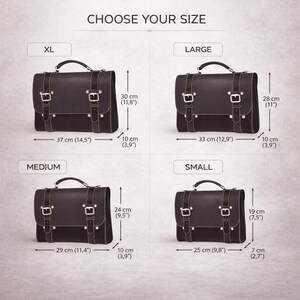 May include: A size guide for dark brown leather satchels with text CHOOSE YOUR SIZE. Four bags are shown in XL, Large, Medium, and Small, with dimensions in cm and inches. XL is 37x30x10 cm, Large 33x28x10 cm, Medium 29x24x10 cm, and Small 25x19x7 cm.
