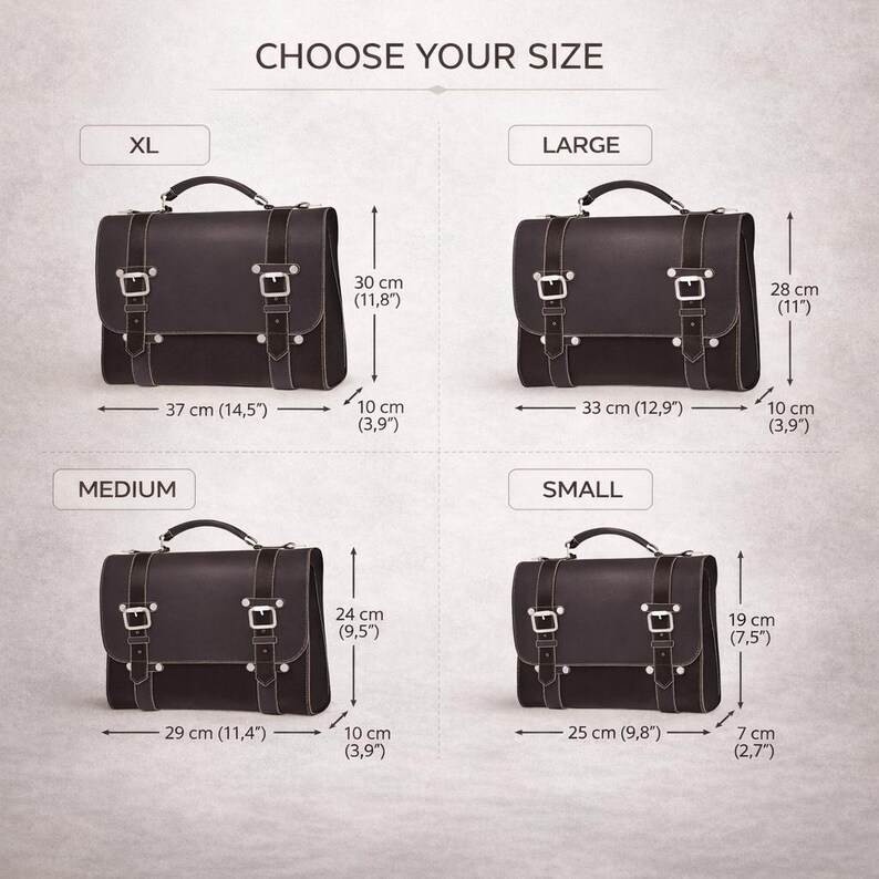 May include: A size guide for dark brown leather satchels with text CHOOSE YOUR SIZE. Four bags are shown in XL, Large, Medium, and Small, with dimensions in cm and inches. XL is 37x30x10 cm, Large 33x28x10 cm, Medium 29x24x10 cm, and Small 25x19x7 cm.
