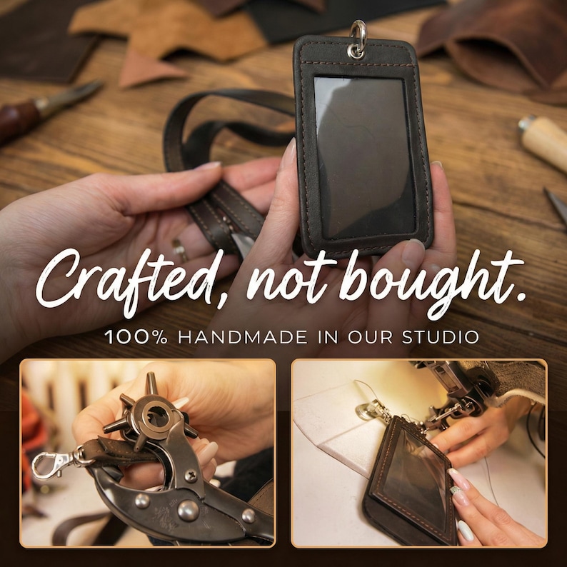 May include: A dark brown leather ID badge holder with a clear plastic window and a metal swivel hook. The image includes text that reads Crafted, not bought. 100% HANDMADE IN OUR STUDIO, alongside views of a leather punch tool and stitching.