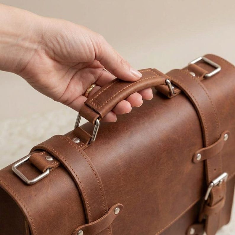 May include: A brown leather satchel featuring a top handle, silver-toned metal hardware, and two vertical straps with buckle closures. The bag has a smooth, matte finish and is constructed with visible stitching and metal rivets at the strap points.