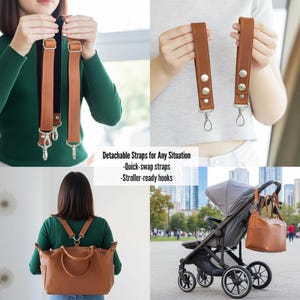 May include: A set of tan leather-like detachable bag straps featuring silver-toned metal swivel hooks and snap buttons. The straps are shown in various configurations, including attached to a brown handbag and hanging from a gray stroller.