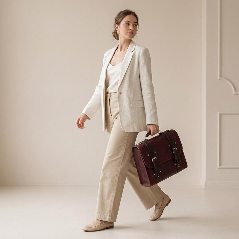 May include: A deep burgundy leather briefcase featuring two vertical dark brown straps with silver-toned metal buckles, a top handle, and metallic rivets. The bag is rectangular with a structured design and a flap closure mechanism.