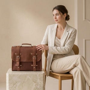 May include: A rectangular brown leather satchel featuring a top handle, a fold-over flap, and two vertical straps with silver-toned metal buckles and rivets. The bag has a structured design with visible stitching along the edges and a smooth matte finish.