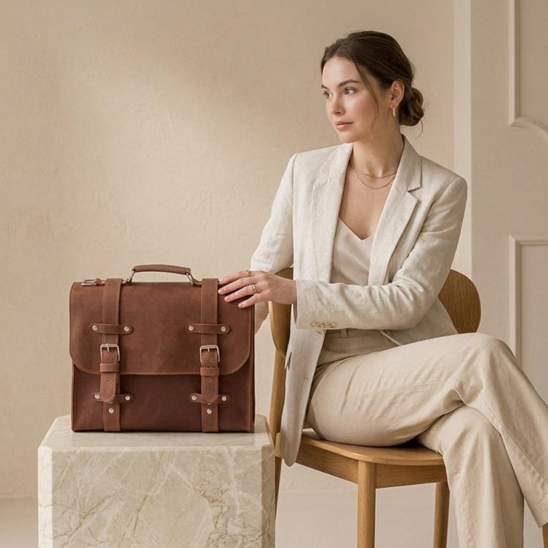 May include: A rectangular brown leather satchel featuring a top handle, a fold-over flap, and two vertical straps with silver-toned metal buckles and rivets. The bag has a structured design with visible stitching along the edges and a smooth matte finish.