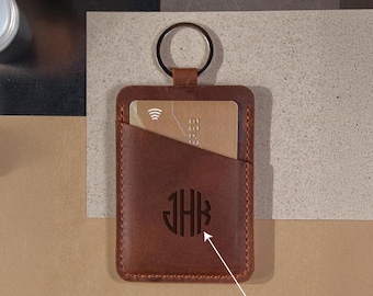 Leather id card holder, Personalized badge holder, Work badge holder, Custom id badge holder with name, Card holder keychain, Id card case