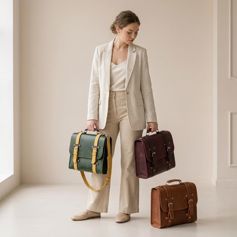 Women's leather messenger bag in dark green with yellow straps, burgundy, and tan brown full grain leather, held by a woman in a beige linen suit. Handcrafted leather briefcase for women available in 4 sizes: small, medium, large, XL. Leather satchel bag with double buckle closure, top handle, detachable crossbody strap, and metal rivet details. Personalized leather work bag, laptop bag women, leather office bag, gift for her