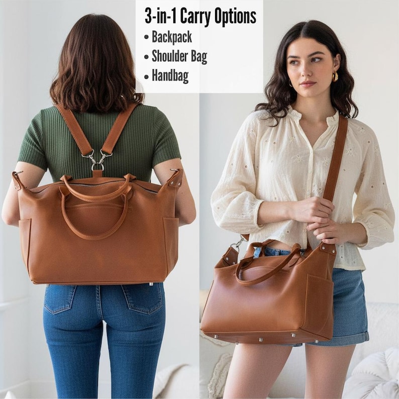 May include: A tan leather bag featuring 3-in-1 carry options including backpack, shoulder bag, and handbag configurations. The bag has dual top handles, side pockets, and metal hardware. Text on the image reads: 3-in-1 Carry Options, Backpack, Shoulder Bag, Handbag.