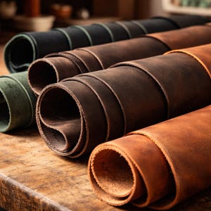 May include: Rolled leather hides in various shades of brown, black, and green. The hides are arranged on a wooden surface, showcasing their texture and color variations. The edges of the leather are visible, highlighting the material's thickness and quality.