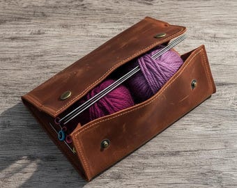 Leather Knitting Needle Case, Crochet Hook Holder, Crochet Case Leather, Foldable Yarn Holder, Crochet Storage Bag, Knitting Pouch Bag