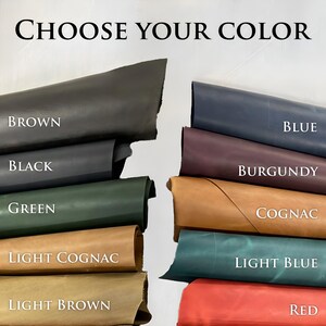 May include: Image showing various leather swatches in a range of colors, including brown, black, green, blue, burgundy, cognac, light cognac, light blue, light brown, and red. The text "CHOOSE YOUR COLOR" is at the top.