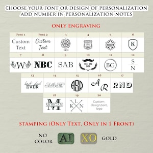 May include: A chart displaying twenty numbered personalization options for engraving, including various fonts, monograms, and symbols. Below, a section for stamping shows options for no color, natural, or gold text, with instructions to add numbers in notes.