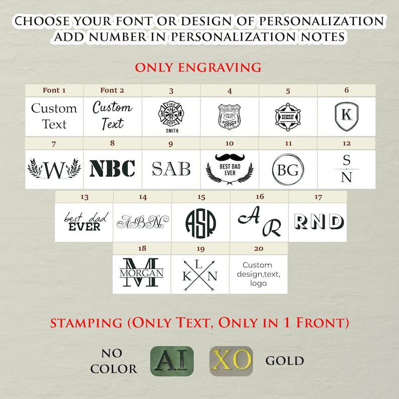 May include: A chart displaying twenty numbered personalization options for engraving, including various fonts, monograms, and symbols. Below, a section for stamping shows options for no color, natural, or gold text, with instructions to add numbers in notes.