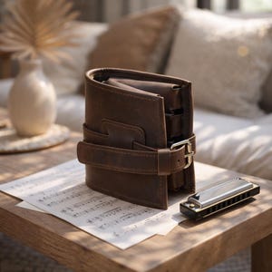 Puede incluir: Una cartera de cuero marrón con cierre de hebilla está sobre una mesa de madera junto a una armónica y partituras. La cartera es rectangular y tiene una correa con una hebilla plateada. La armónica es plateada y negra.
