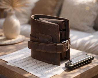 Leather Harmonica Case, Harmonica Holder, Harmonica Storage, Blues Harp Case, Harmonica Roll, Harmonica Bag, Harmonica Pouch, Harmonica Gift