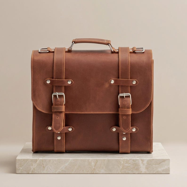 May include: A brown leather satchel featuring a top handle, a fold-over flap, and two vertical straps secured with silver-toned metal buckles and rivets. The bag has a structured rectangular shape with clean stitching along the edges.