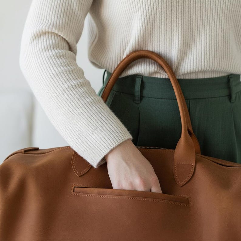 May include: A large, smooth, tan leather duffel bag featuring two sturdy rounded handles and a horizontal zippered pocket on the front exterior. The bag is constructed with clean lines and a minimalist aesthetic, showcasing a rich, warm brown tone.