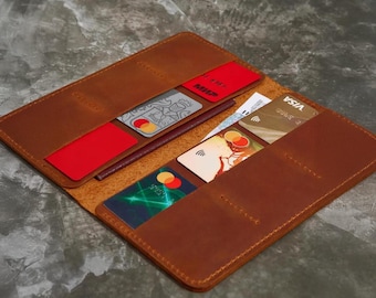 Portefeuille long en cuir gravé, portefeuille porte-cartes en cuir, portefeuille long en cuir à deux volets pour hommes, portefeuille long mince, portefeuille long minimaliste
