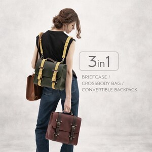 May include: A dark green satchel with yellow straps worn as a backpack and a separate brown satchel held in hand. The text 3in1 BRIEFCASE / CROSSBODY BAG / CONVERTIBLE BACKPACK is visible. Both bags feature metal buckles and a flap closure design.