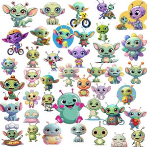 40 Cute Alien Clipart Bundle – Kawaii Space Creatures PNG – Adorable Extraterrestrial Characters for Kids, Crafts & Stickers