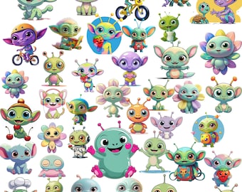 Kawaii Alien Clipart Bundle – Space PNG Graphics (Digital Download)