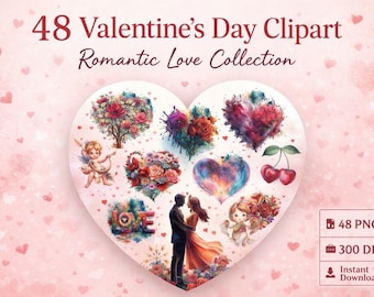 Watercolor Valentine's Day Clipart Bundle, Love Hearts PNG (Digital Download)
