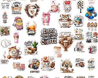 May include: A collection of various coffee-themed stickers featuring illustrations of mugs, cups, cartoon characters, and text phrases like 'Iced Coffee', 'Every Adventure Starts With Coffee', and 'Coffee Is My Best Friend' in a variety of colours.