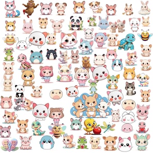 Puede incluir: Una colección de ilustraciones de animales de estilo caricatura coloridas. La imagen presenta varios animales, incluyendo gatos, perros, osos, conejos y más, cada uno con un diseño lindo y amigable. Las ilustraciones están en una variedad de poses y colores, creando una estética juguetona y caprichosa.