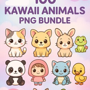 100 Kawaii Cute Animal Clipart Bundle | Pastel Chibi Animals PNG | Cute Cartoon Pets | Instant Download for Stickers, Planners, Crafts