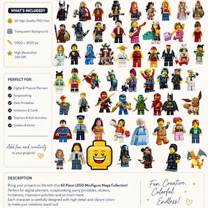 May include: A digital collection of 60 LEGO minifigure PNG files featuring various characters, including superheroes, fantasy figures, and animals. The image displays the characters in a grid layout with text labels and a large yellow head icon.