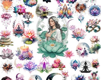 Pacchetto di clipart di fiori di loto: 42 acquerelli di loto in formato PNG, arte spirituale zen yoga, dea della meditazione, download digitale floreale boho.